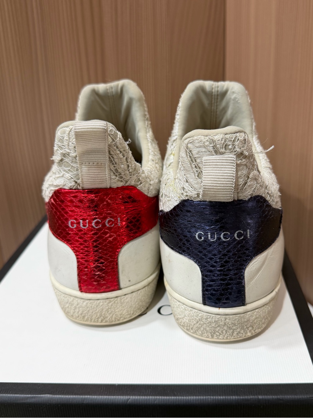 Gucci Ace Sneakers White Leather Lace Slip On Web Stripe Floral Lace 38